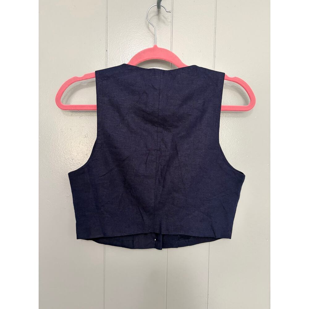 NEW Christian Siriano Navy Linen Button Front V-neck Classic Cropped Vest 8 - Picture 4 of 6